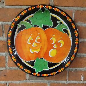 Vintage Halloween Pumpkin Tin Serving Tray – Candy Corn Border 13" Cutesy